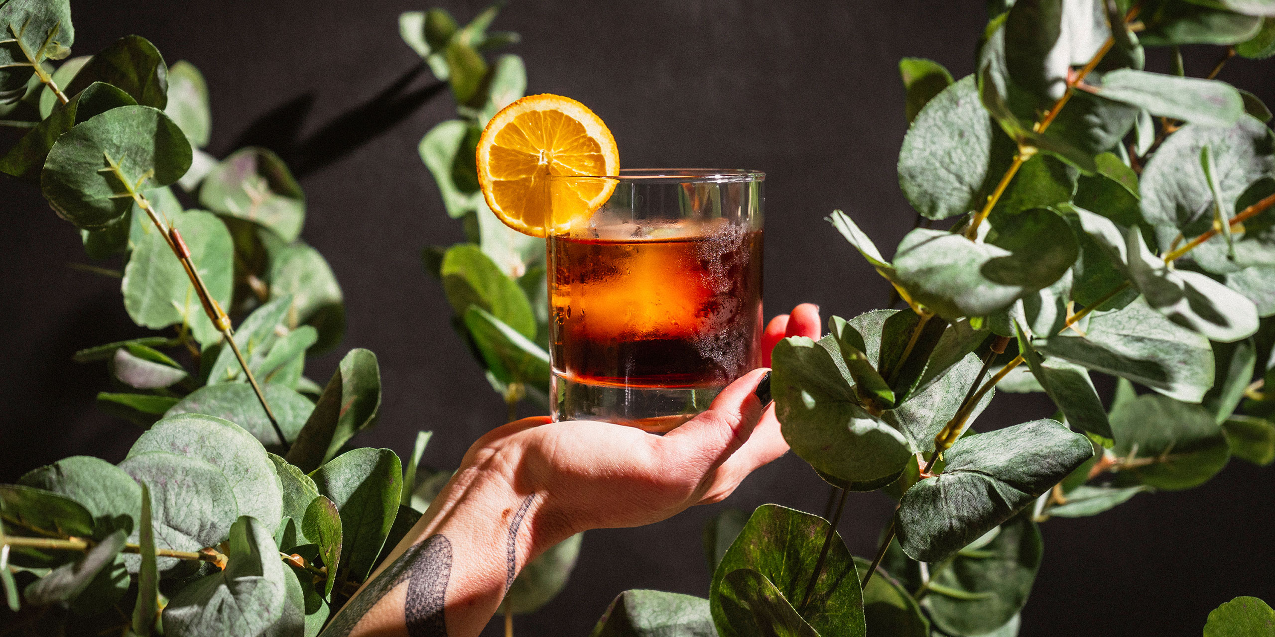 El Vermut vermouth aperitif with an orange wheel, held up by a hand in the middle of greenery