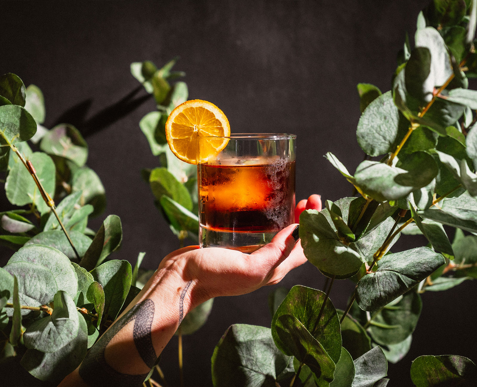 El Vermut aperitif with an orange slice garnish, held by a hand in the middle of greenery